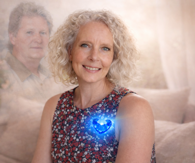 AI-generated. Tender emotional portrait of a woman with a soft sapphire glow symbolising heart healing, ethereal watercolor portrait of a loved one in the background, dreamy feminine light.