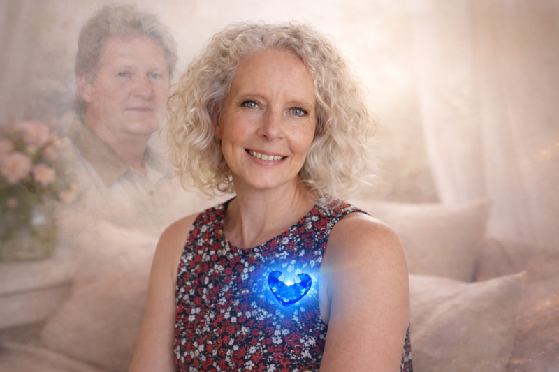 AI-generated. Tender emotional portrait of a woman with a soft sapphire glow symbolising heart healing, ethereal watercolor portrait of a loved one in the background, dreamy feminine light.